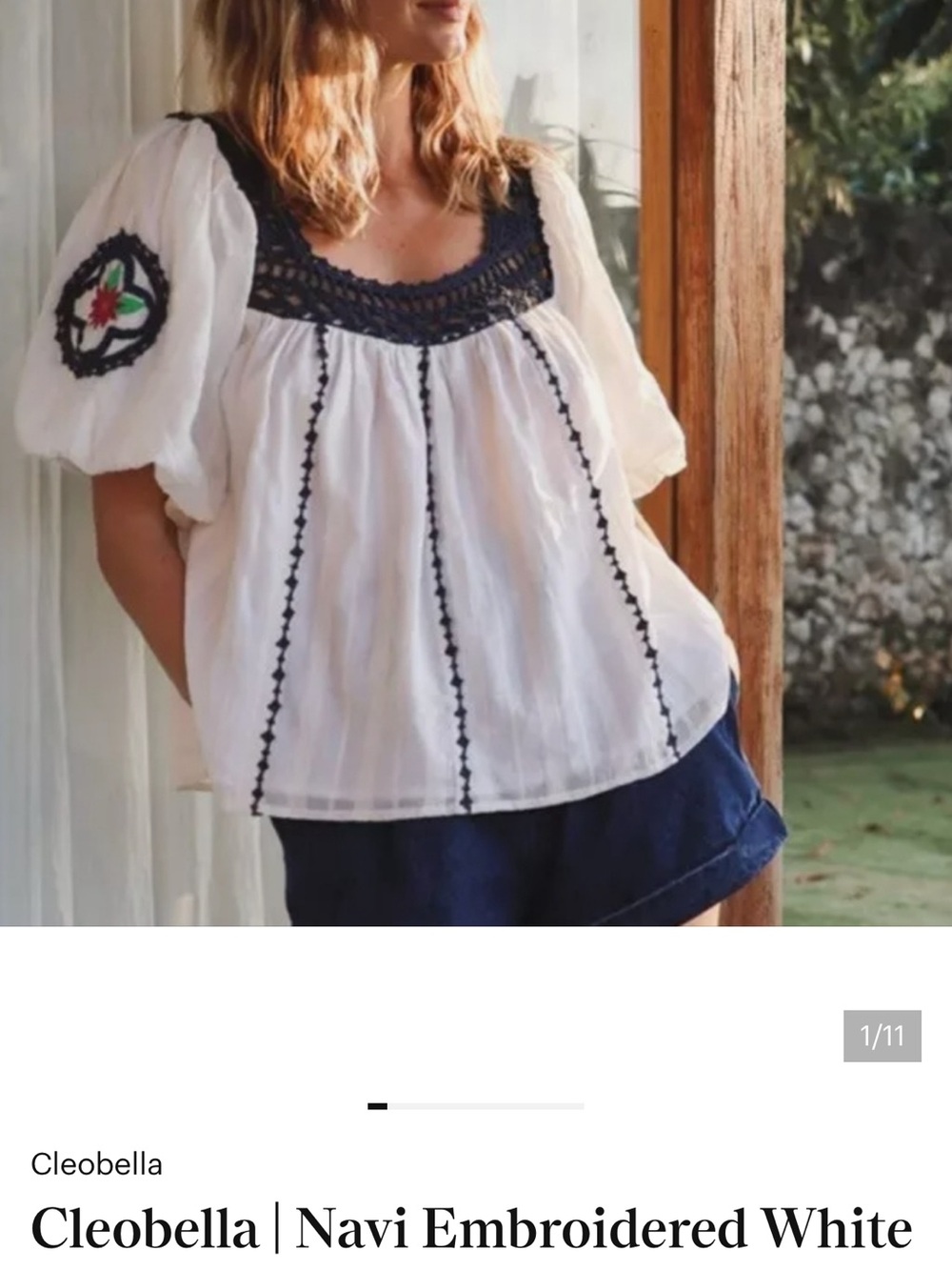 Cleobella White Blouse with Navy Crochet & Multicolor Sleeve Detail